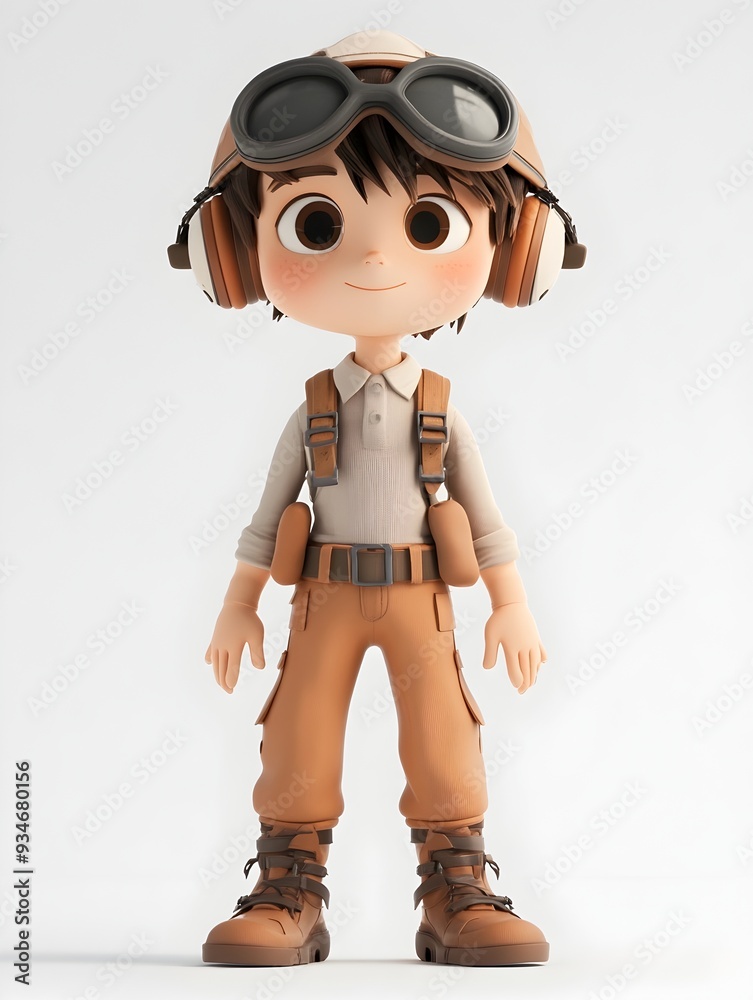 Full body 3D animated boy character in a detailed pilot uniform including aviator glasses and a cap standing at the center of the frame Full body 3D animated boy character in a detailed pilot uniform including aviator glasses and a cap standing at the center of the frame