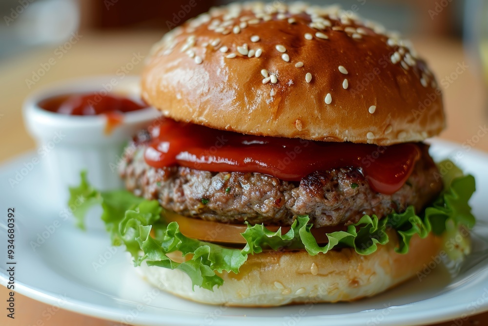 Close-up of a Sesame Seed Burger with Ketchup and Lettuce on a White Plate Close-up of a Sesame Seed Burger with Ketchup and Lettuce on a White Plate