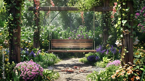 A charming spring garden with a wooden swing surrounded by colorful flowers and lush greenery. 8k