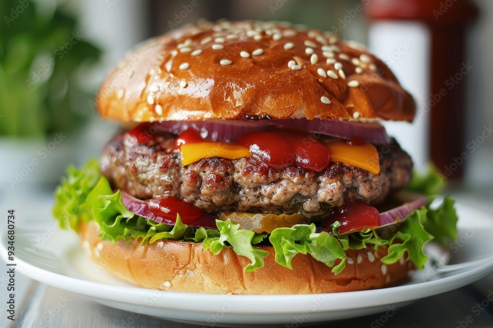 Close-up of a Cheeseburger with Lettuce, Onion, and Ketchup Close-up of a Cheeseburger with Lettuce, Onion, and Ketchup