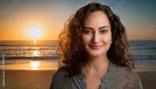 a highly detailed and realistic portrait of a woman, 30 years old, with dark curly hair and green eyes, standing in front of a sunset beach