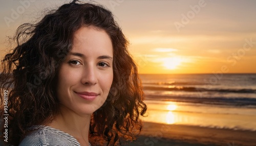 a highly detailed and realistic portrait of a woman, 30 years old, with dark curly hair and green eyes, standing in front of a sunset beach