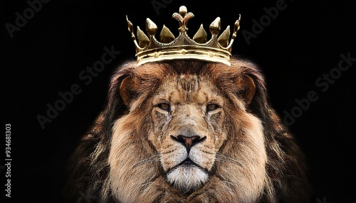 a huge lion with a crown in a black background