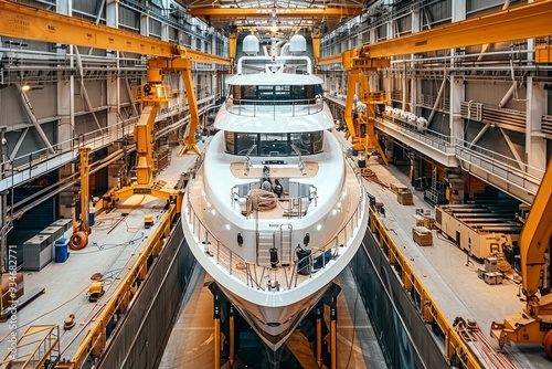 A large yacht undergoing construction in a shipyard with cranes overhead during daylight hours