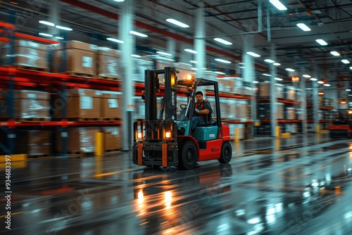 Wallpaper Mural Forklift operator navigating through a busy warehouse with stacked boxes in the background during the evening Torontodigital.ca