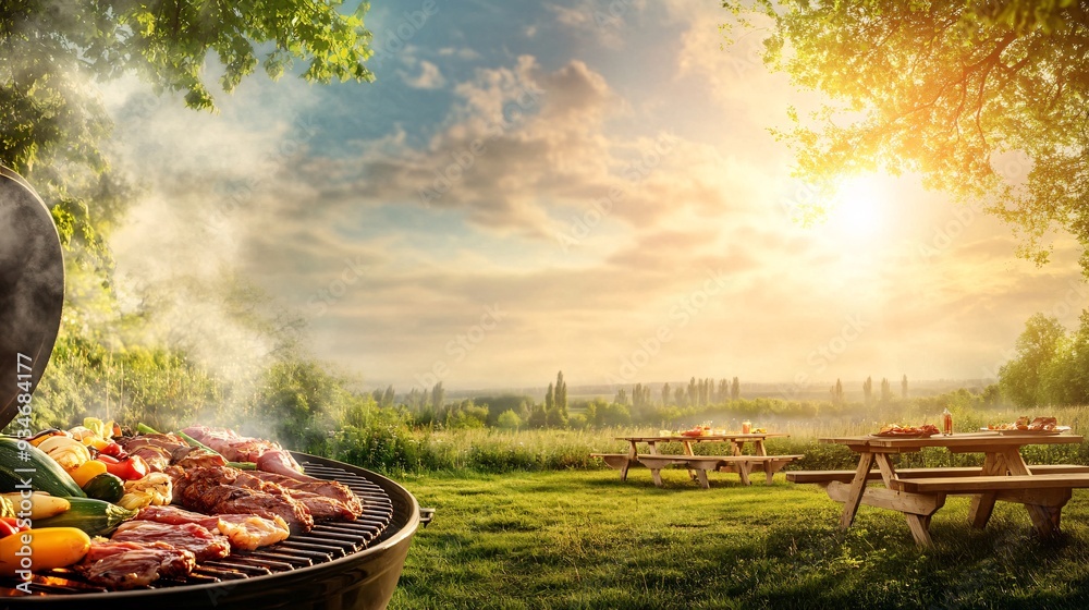 Barbecue grill with meat and vegetables on a sunny meadow with picnic tables. Barbecue grill with meat and vegetables on a sunny meadow with picnic tables.