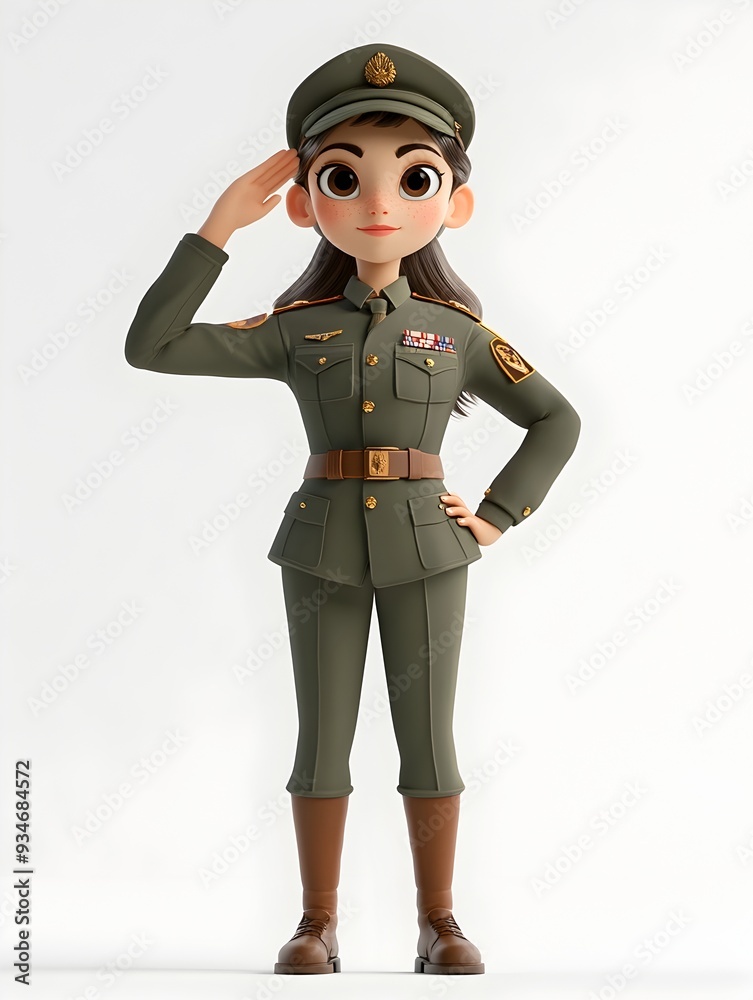 Full body 3D animated character of a female soldier in a detailed military uniform saluting with respect and patriotic gesture Digital render of a combat ready warrior ready for duty and service Full body 3D animated character of a female soldier in a detailed military uniform saluting with respect and patriotic gesture Digital render of a combat ready warrior ready for duty and service
