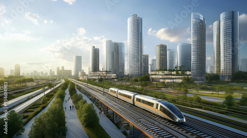 A modern urban development with high-tech transportation systems and energy-efficient infrastructures