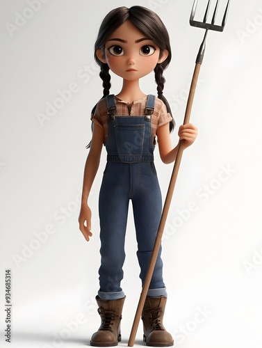 Full body 3D animated female character wearing farmer s overalls holding a pitchfork standing in a rural outdoor setting at the center of the frame