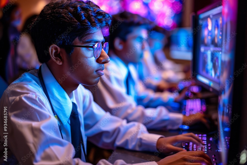Student engages in coding activity during a technology workshop in a brightly lit computer lab in the evening Student engages in coding activity during a technology workshop in a brightly lit computer lab in the evening