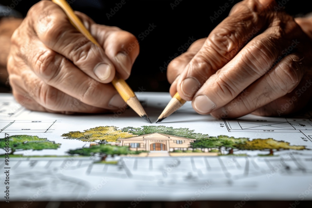An elderly person sketches a house design with colored pencils on architectural plans indoors during daylight An elderly person sketches a house design with colored pencils on architectural plans indoors during daylight