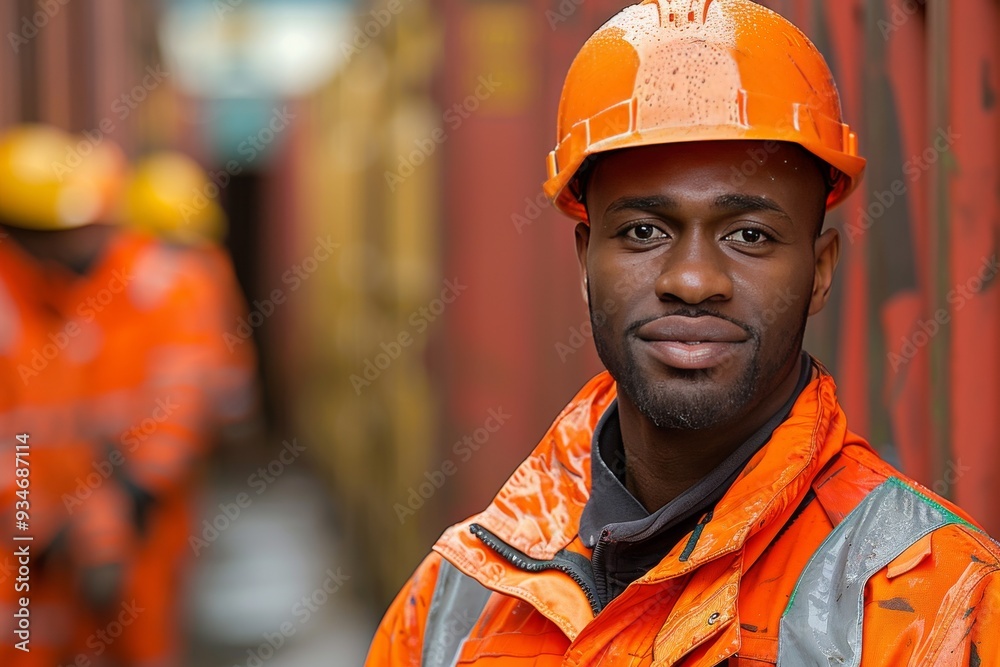 A construction worker in a reflective orange vest and hard hat stands confidently in a bustling shipping yard during daylight A construction worker in a reflective orange vest and hard hat stands confidently in a bustling shipping yard during daylight