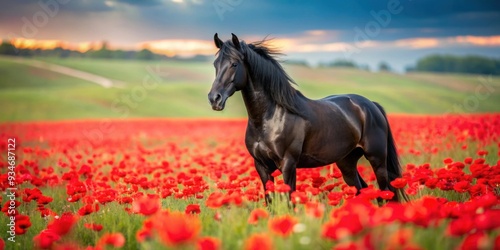 Black horse standing gracefully in a vibrant red poppy field, horse, black, red, poppy, field, nature, animal, landscape