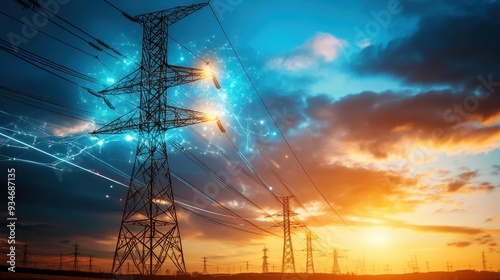 High Voltage Power Lines at Sunset with Electric Sparks and Dramatic Sky in the Background
