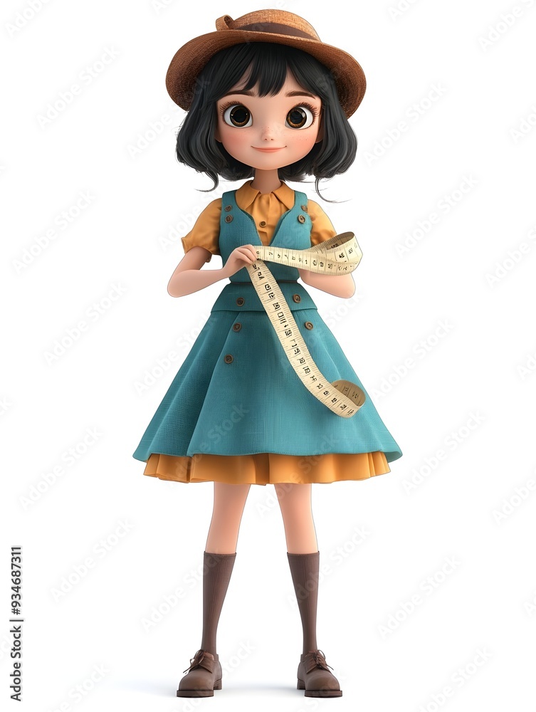 Full body animated 3D model of a young female fashion designer or tailor wearing a tailored outfit and holding a measuring tape in a studio setting