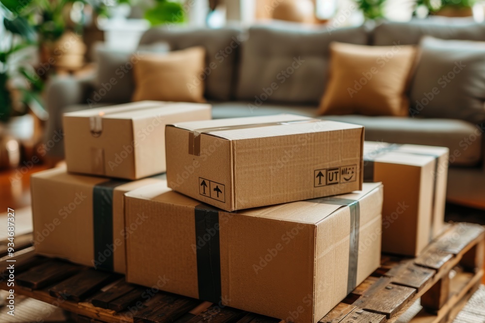 Packed cardboard boxes on a wooden pallet in a cozy living room filled with plants and comfortable furniture Packed cardboard boxes on a wooden pallet in a cozy living room filled with plants and comfortable furniture