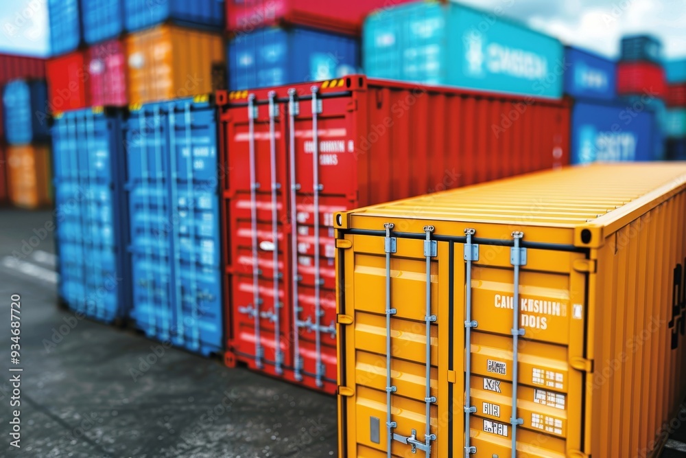 Fototapeta premium Colorful shipping containers stacked at a cargo terminal during daylight hours