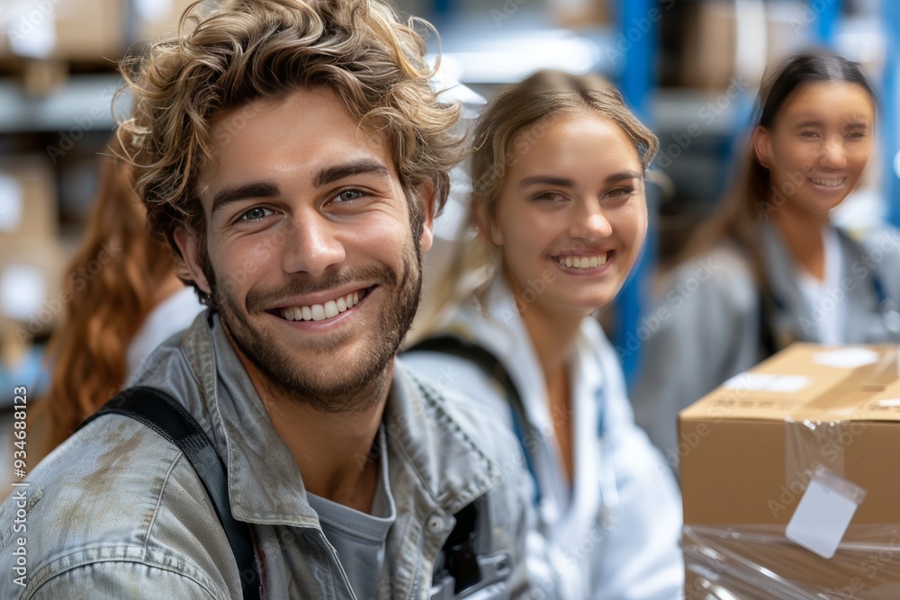 Group of young adults smiling while working in a warehouse during daytime Group of young adults smiling while working in a warehouse during daytime