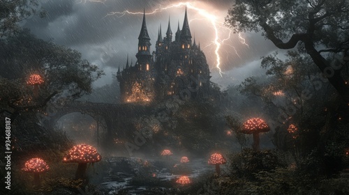 A dark and mysterious castle stands tall in the distance, shrouded in a stormy sky, photo