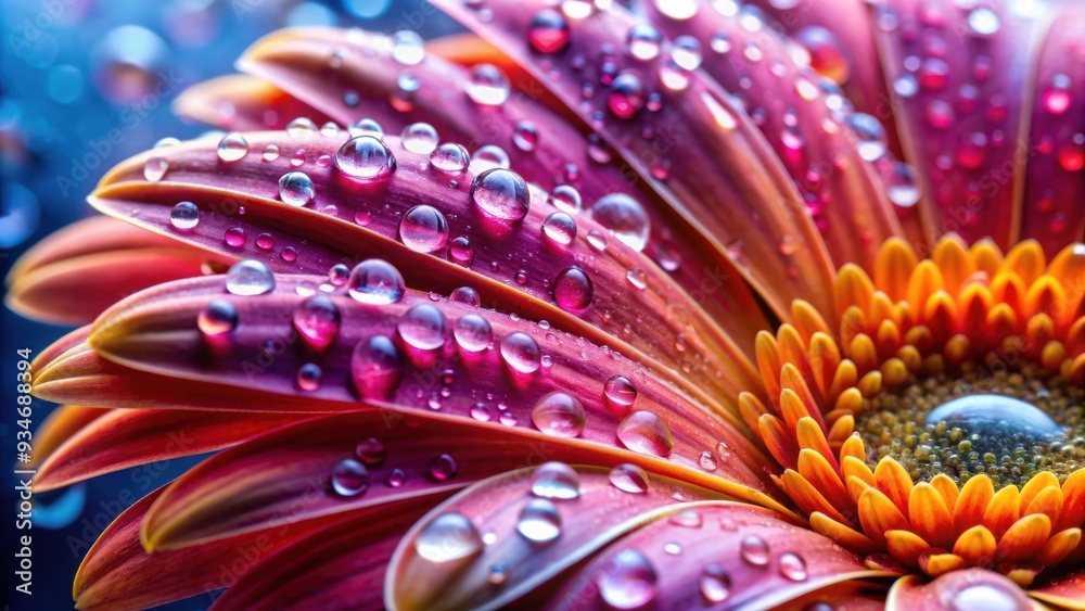 Obraz premium Water droplets glistening on a vibrant flower petals , nature, floral, close-up, dew, raindrops, freshness