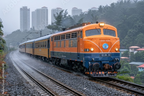 Vintage train travels through rain-soaked mountains near a city, with lush greenery lining the tracks