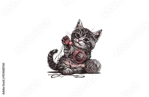 cat playing with knitting tools vintage design vector illustration