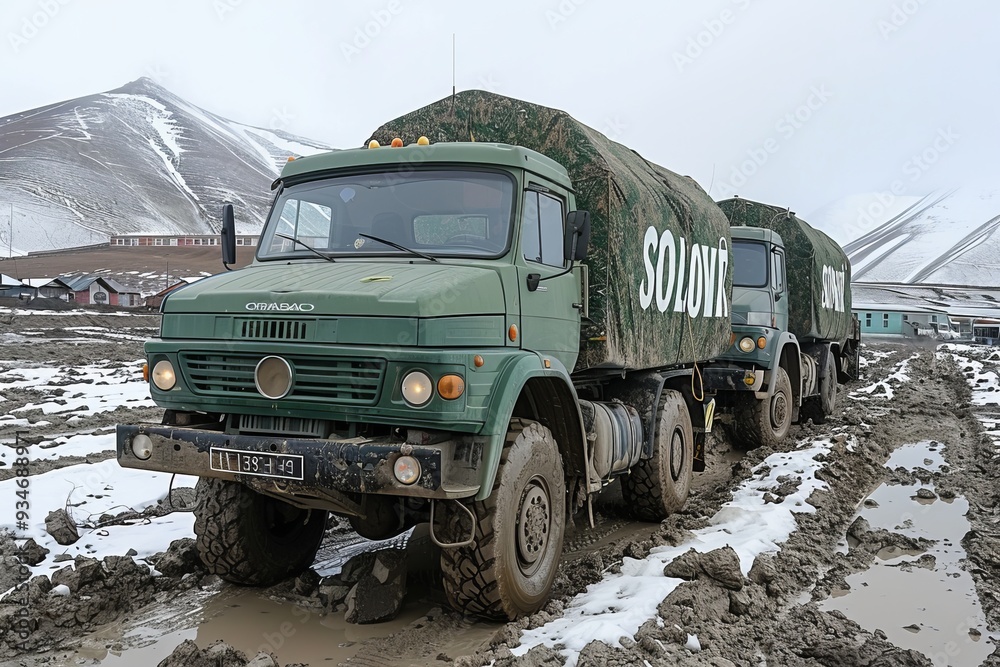 Military trucks navigating a muddy road in a mountainous area during winter Military trucks navigating a muddy road in a mountainous area during winter