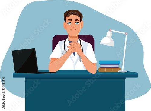 Happy Doctor Sitting at His Desk Vector Cartoon Illustration. Professional general practitioner welcoming patients in a friendly way
