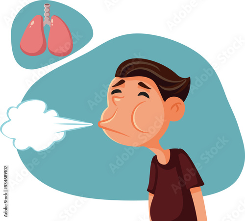 Man Exhaling Showing Good Lung Capacity Vector Illustration. Healthy guy having no problem breathing after pulmonary complications recovery
