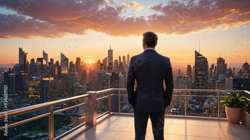 Businessman enjoying coffee on rooftop balcony at sunset