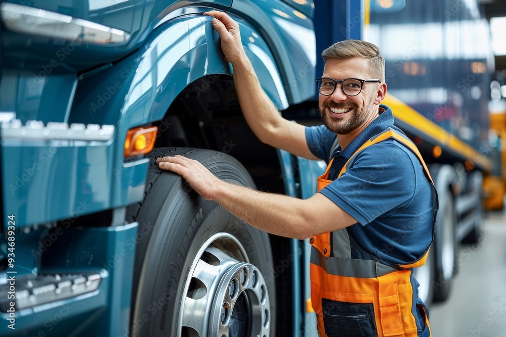 Mechanic inspecting the tire of a large truck in a garage during daytime Mechanic inspecting the tire of a large truck in a garage during daytime