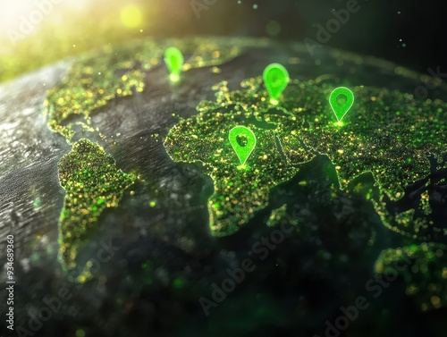 Global Network Connectivity Concept with Glowing Green Map Pins on Digital Earth photo
