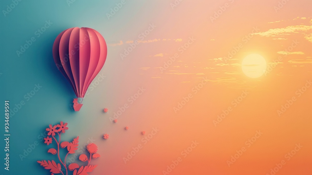 Obraz premium Adventure in the sky red hot air balloon flying with flower background
