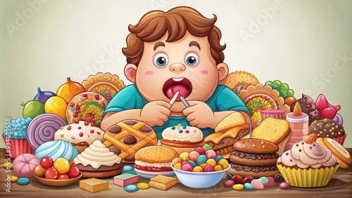 Cartoon of a glutton with a sweet tooth indulging in a variety of sugary treats, glutton, eats a lot, sweet tooth, indulging photo