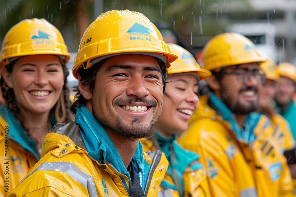 Smiling crew members in yellow rain gear during outdoor event under light rain Smiling crew members in yellow rain gear during outdoor event under light rain