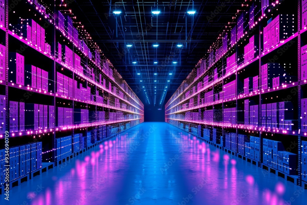 Vibrant data center interior with illuminated server racks at night Vibrant data center interior with illuminated server racks at night