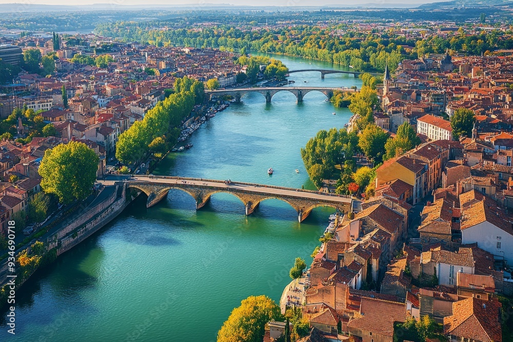 Fototapeta premium A stunning aerial view of a vibrant city with flowing rivers and beautifully crafted bridges. The scenic landscape captures nature and architecture harmoniously. Generative AI