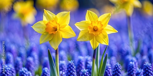 Two vibrant yellow daffodils surrounded by a bed of purple squill bulbs, spring, flowers, daffodils, purple squill, garden photo