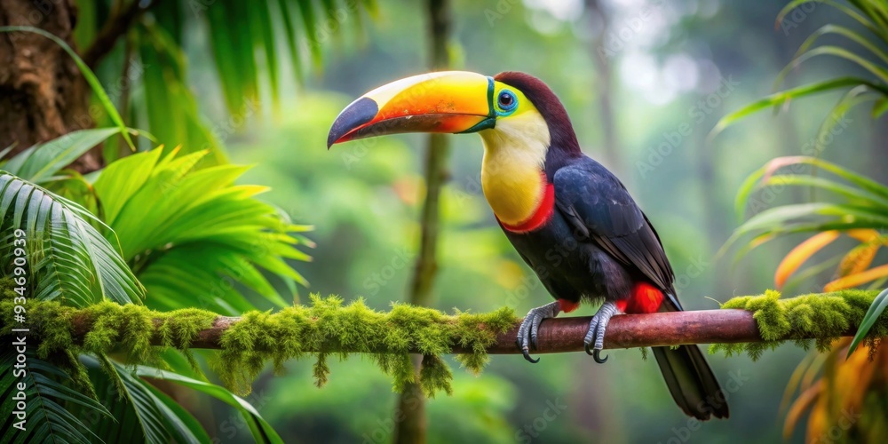 Obraz premium Toucan perched on a branch in the Costa Rican rainforest surrounded by lush green vegetation, Costa Rica, wildlife