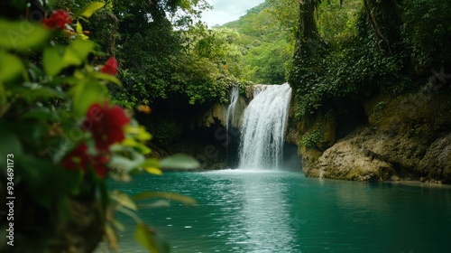 Serene Waterfall Cascading into Turquoise Pool Surrounded by Lush Greenery in Tropical Forest