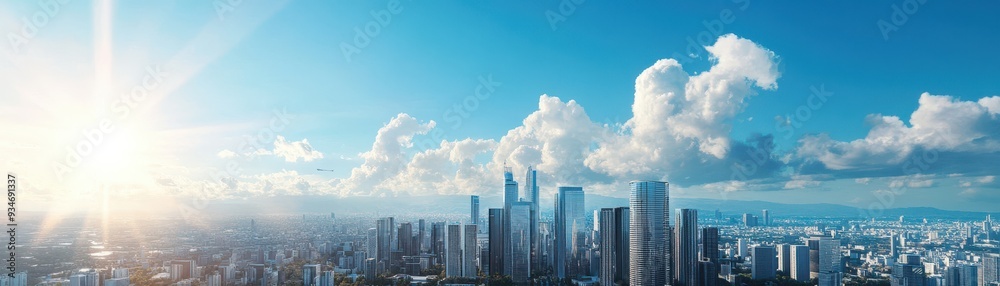 Fototapeta premium Panoramic View of Modern City Skyline with Skyscrapers and Blue Sky on a Sunny Day