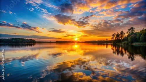 Sunset casting a warm glow over a calm lake , tranquil, nature, reflection, dusk, evening, scenery, peaceful, horizon, serene