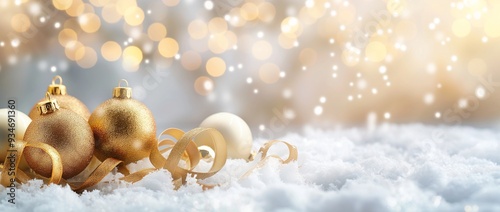 Wallpaper Mural Golden Christmas balls ornaments on white snow background Torontodigital.ca