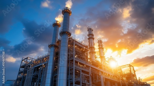 Industrial Refinery Plant at Sunset with Dramatic Sky and Sunlight photo