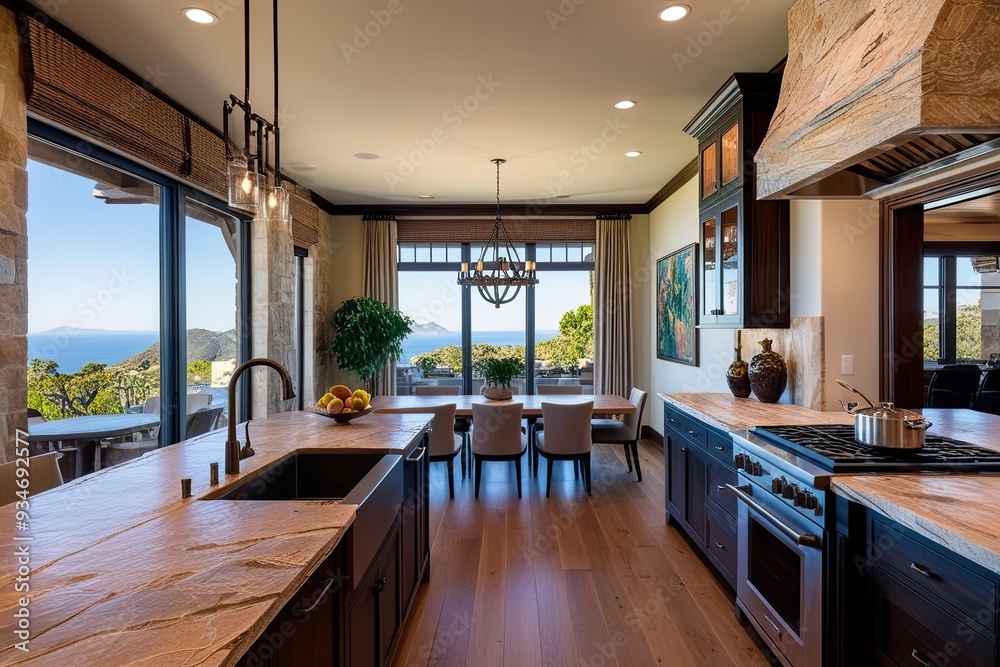 Luxurious Kitchen Interior with Artisan Stone Countertops and Scenic Dining Space Luxurious Kitchen Interior with Artisan Stone Countertops and Scenic Dining Space
