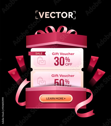 3d stack of coupons, flying up in a opened pink gift box, isolated on dark background. Gift voucher giveaway banner template. Coupon code for special discount, sale off. 3d vector illustration. Vector