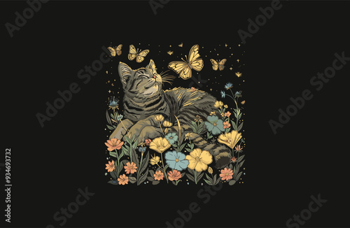 cat in flower garden playing with butterflies design vector illustration
