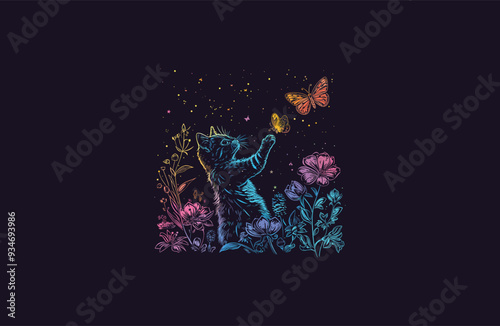cat in flower garden playing with butterflies design vector illustration
