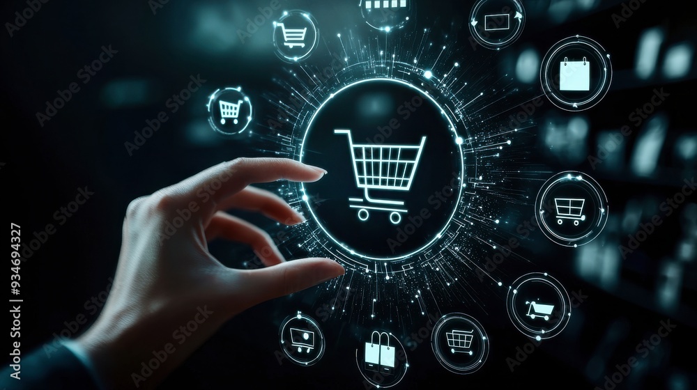 A hand is holding a shopping cart in a circle of icons A hand is holding a shopping cart in a circle of icons