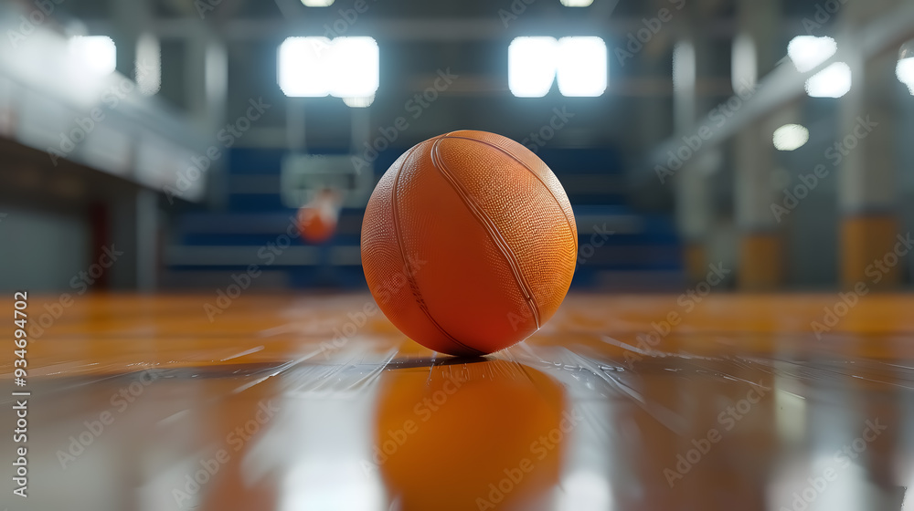 An official orange basketball rests on a hardwood court. An official orange basketball rests on a hardwood court.